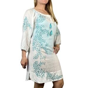 Poupette St. Barth Dress Mini Cover Up Blue Green Geometric Embroidery